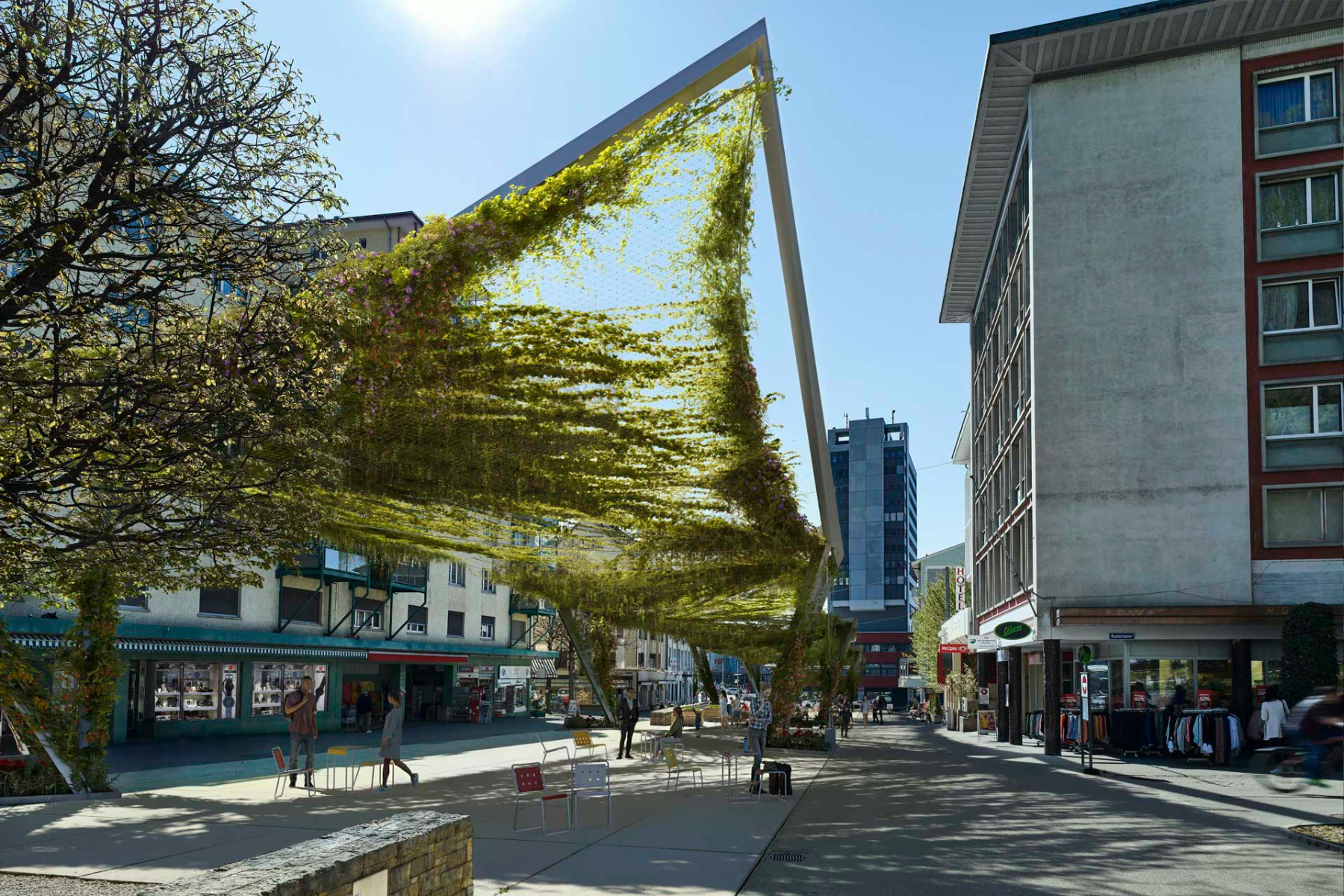 Die Projektstudie zeigt ein weit gespanntes Edelstahlnetz im städtischen Raum, an dessen Tragstruktur Kletterpflanzen vertikal und horizontal heranwachsen. © Jakob Rope Systems