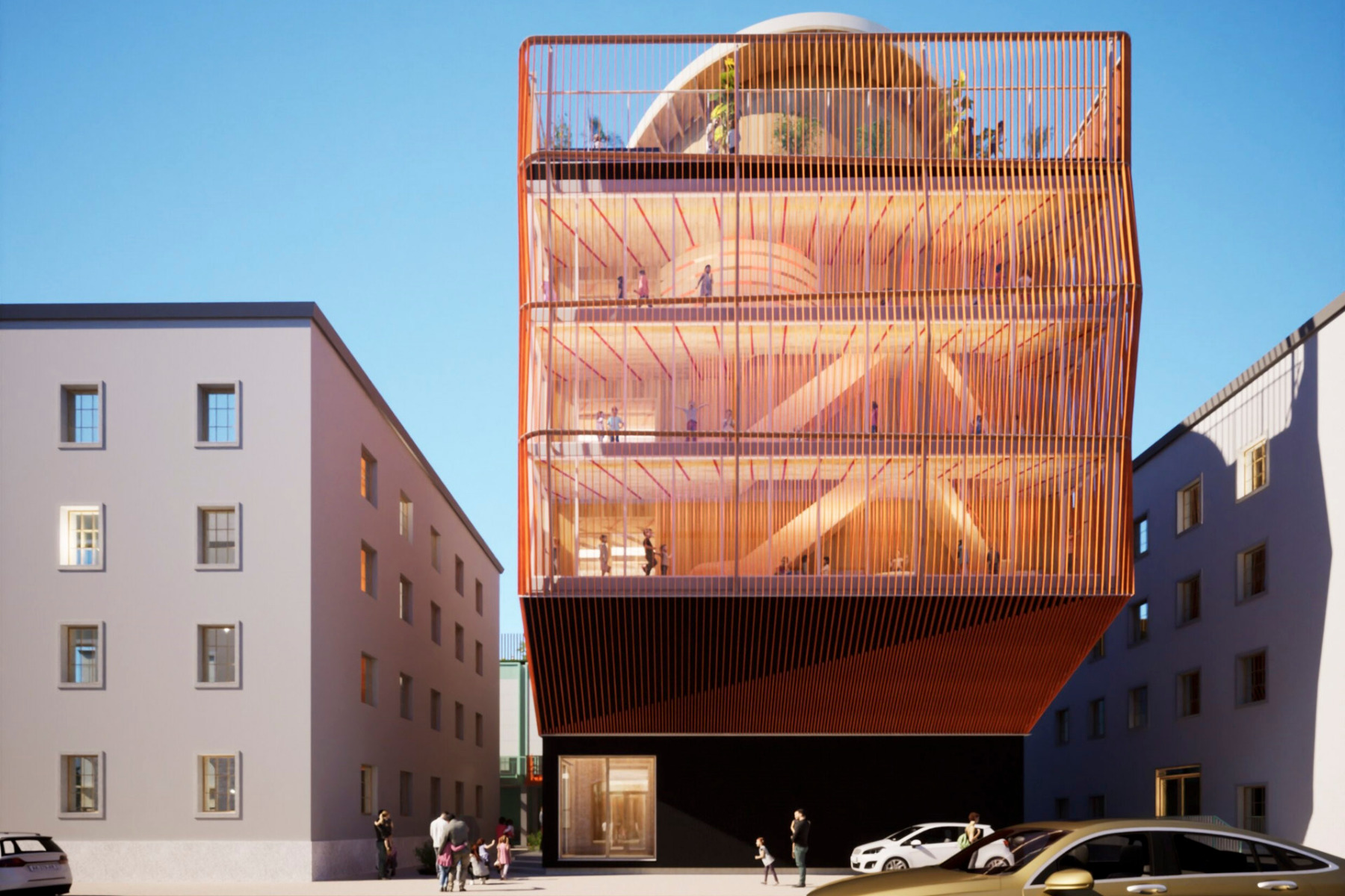 3D-Visualisierung des Projekts Ingeborg Pohl Kinderoase an der Technischen Universität München, April 2024. © Kéré Architecture