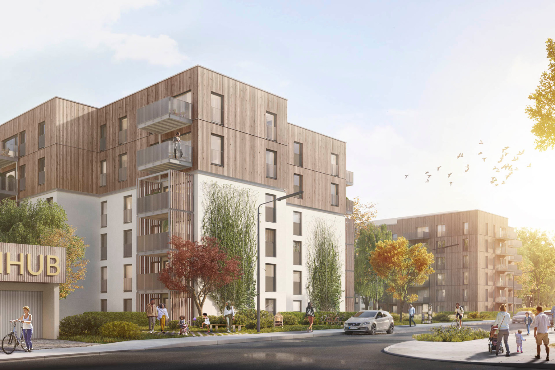 Die 1500 Mietwohnungen im Quartier Fürstenried West werden nach einem städtebaulichen Gesamtkonzept von LIN Architekten um 650 weitere ergänzt (Visualisierung). © European Zone Admin/ Hines