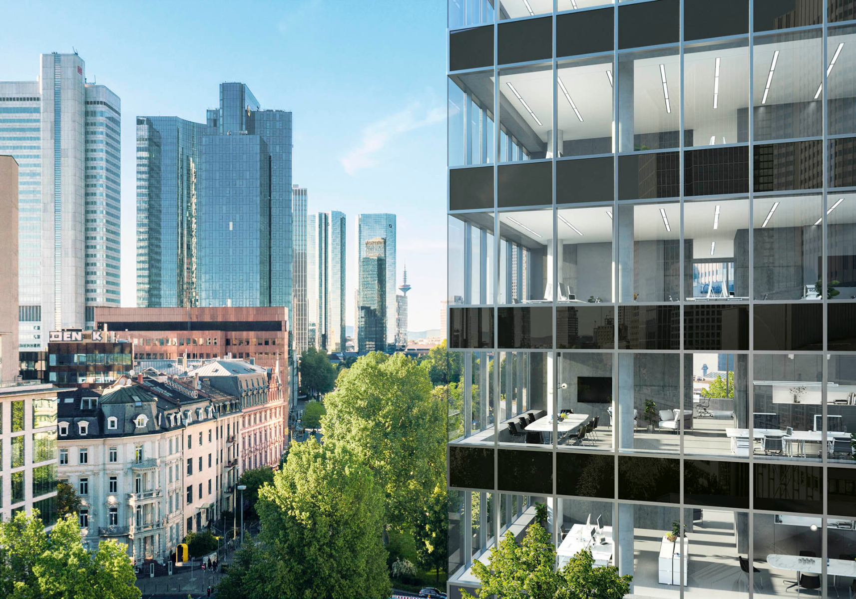 Schüco Deflame zeichnet sich durch eine thermische Entkopplung sowie Hohlraumeinsätze aus, die der Brand- und Temperaturausbreitung auf die nächsthöheren Etagen entgegenwirken. © Schüco