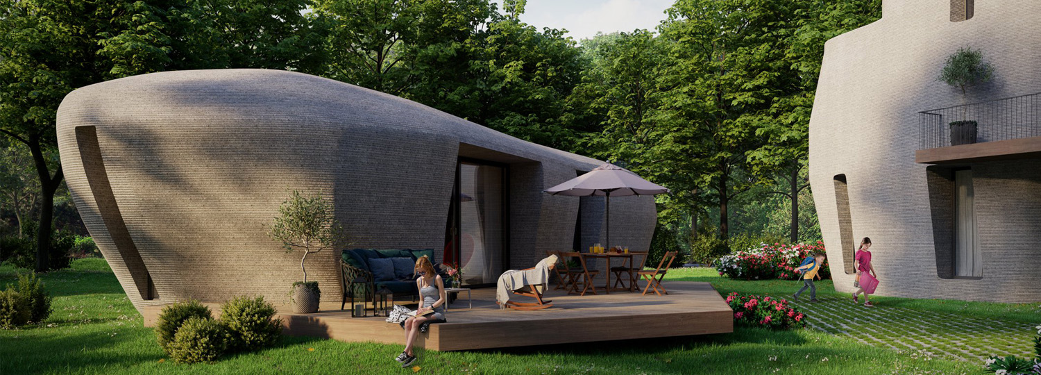 Project Milestone: Eine erste Siedlung aus Häusern im Betondruckverfahren (Rendering: Houben /Van Mierlo architecten. A.I: YuconVR)