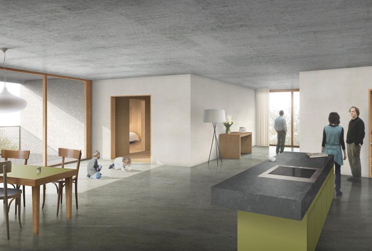 Innenansicht des Gewinnerentwurfs für das Baugenossen-Quartier in Zürich von der ARGE futurafrosch und DUPLEX Architekten (Foto: Stadt Zürich)