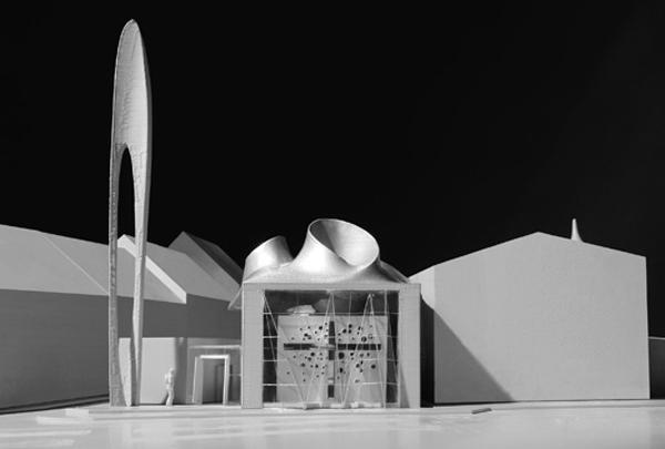 Entwurf von Wolf D. Prix für die evangelische Kirche in Hainburg im Modell