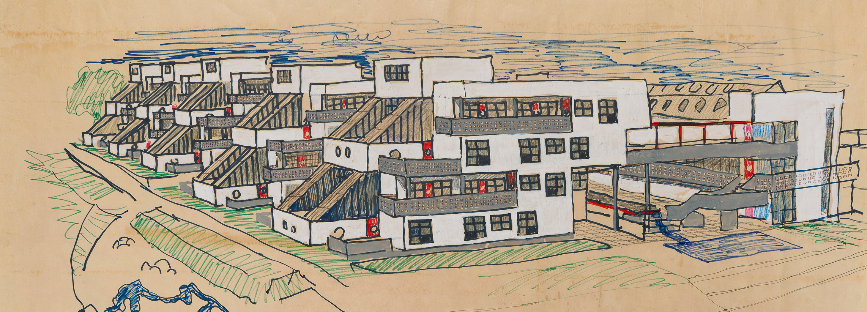 Foto: Architekturzentrum Wien, Sammlung (Anton Schweighofer, Stadt des Kindes, Wien 14, 1969-1974, Perspektive)