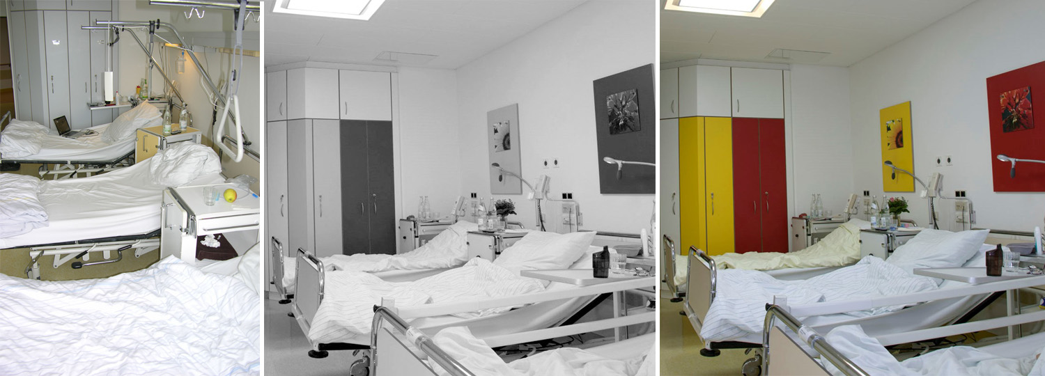 Klinikum Bamberg, Patientenzimmer vorher-nachher: Farbgestaltung und Zonierung schaffen eines eigenes Territorium im Mehrbettzimmer (Foto: BIfadA)