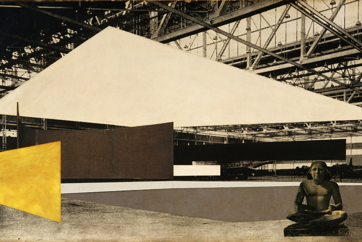 Ludwig Mies van der Rohe, Project for Concert Hall, 1942. Interior perspective. New York, Museum of Modern Art (MoMA). Graphite, cut-and-pasted photoreproduction, cut-and-pasted
papers, cut-and-pasted painted paper, and gouache on gelatin silver photogra