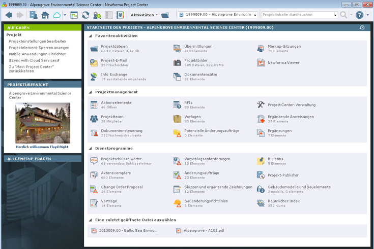 Projektübersicht (ProjectHome): Bei einer Projekt-Informationsmanagement-Lösung wie Newforma Project Center werden Projektdaten auf einem eigenen Server im Hause in einer privaten Cloud-Lösung abgespeichert.
Abb.: Newforma