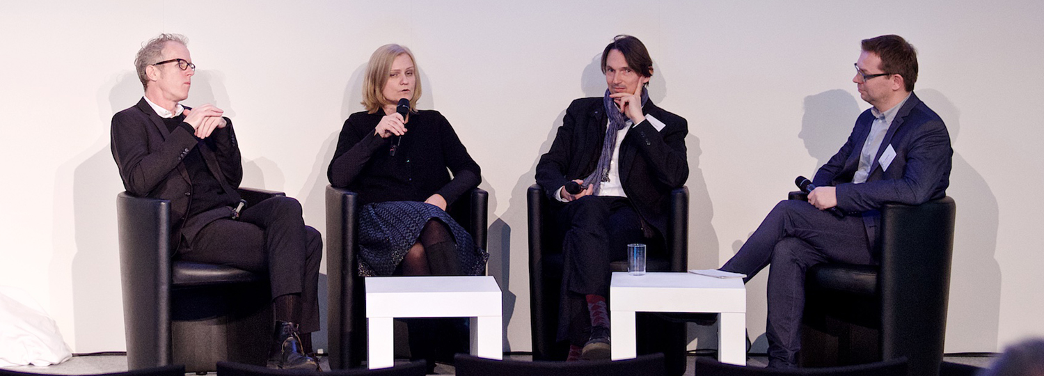 (v.r.n.l.) Philip Norman Peterson (Holzer Kobler Architekturen GmbH), Jana Reichenbach-Behnisch (rb Architekten), Andreas Müsseler (Meili, Peter GmbH) und Tim Westphal; Foto: Messe Berlin