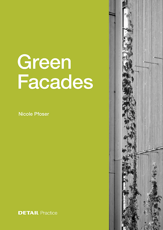 Book Green Facades. Green Cover with a black and white picture cutout of a wooden wall on the right side. In larger font is the book title on the green background.