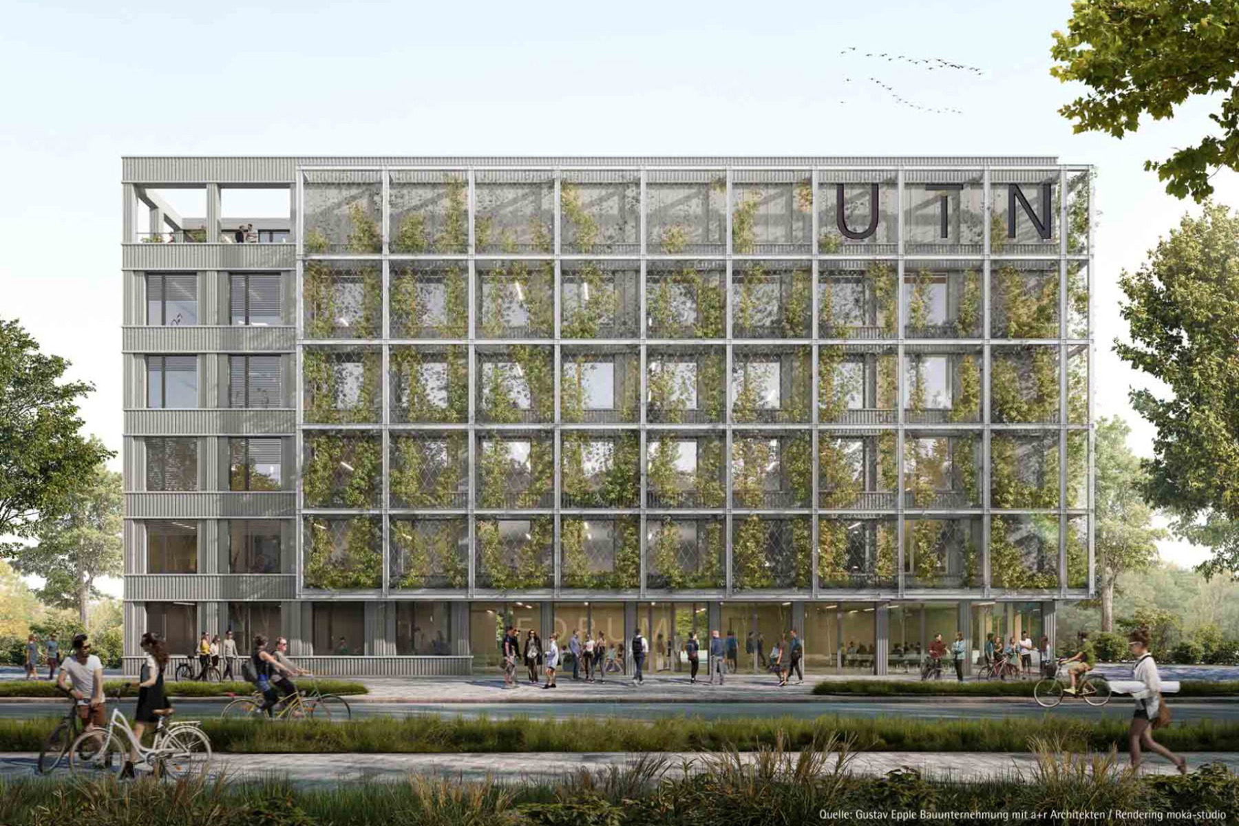 An zwei Fassaden des Hochschulgebäudes sollen Rankgerüste montiert werden. © Gustav Epple Bauunternehmung mit a+r Architekten / Rendering moka-studio