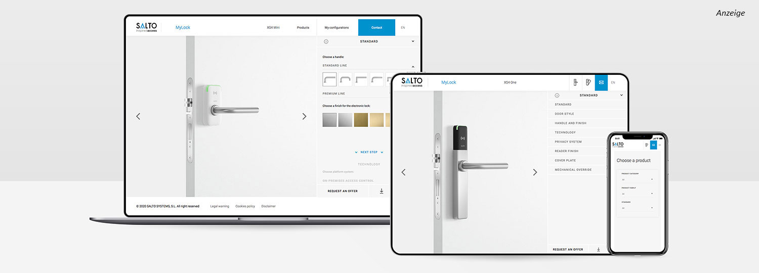 Der Online-Konfigurator MyLock ermöglicht es, die kabellose elektronische Türhardware von SALTO individuell zu konfigurieren und an unterschiedlichen Türen zu visualisieren.
Foto: SALTO Systems

