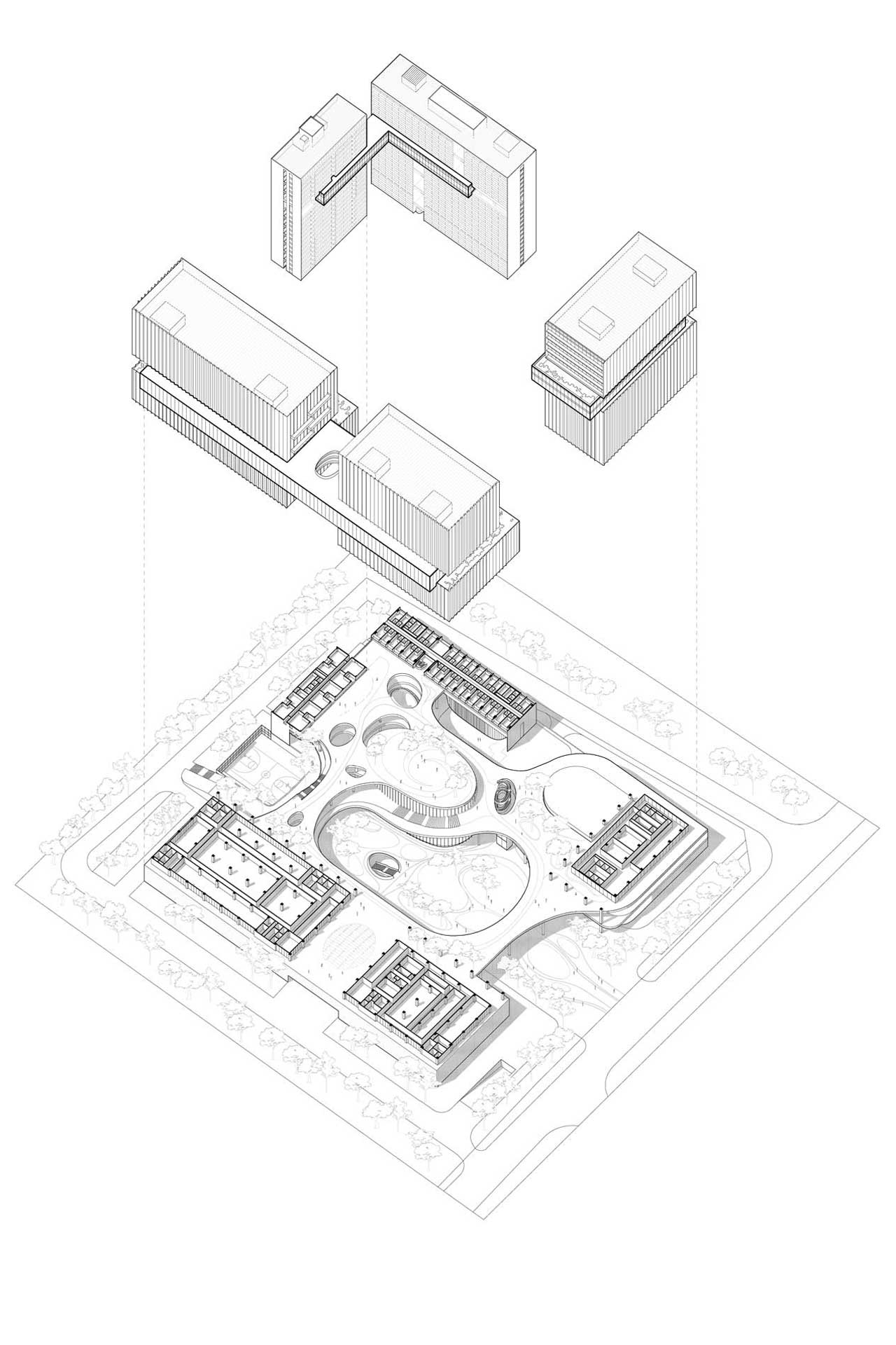 Axonometric drawing of three buildings and the associated landscape architecture.