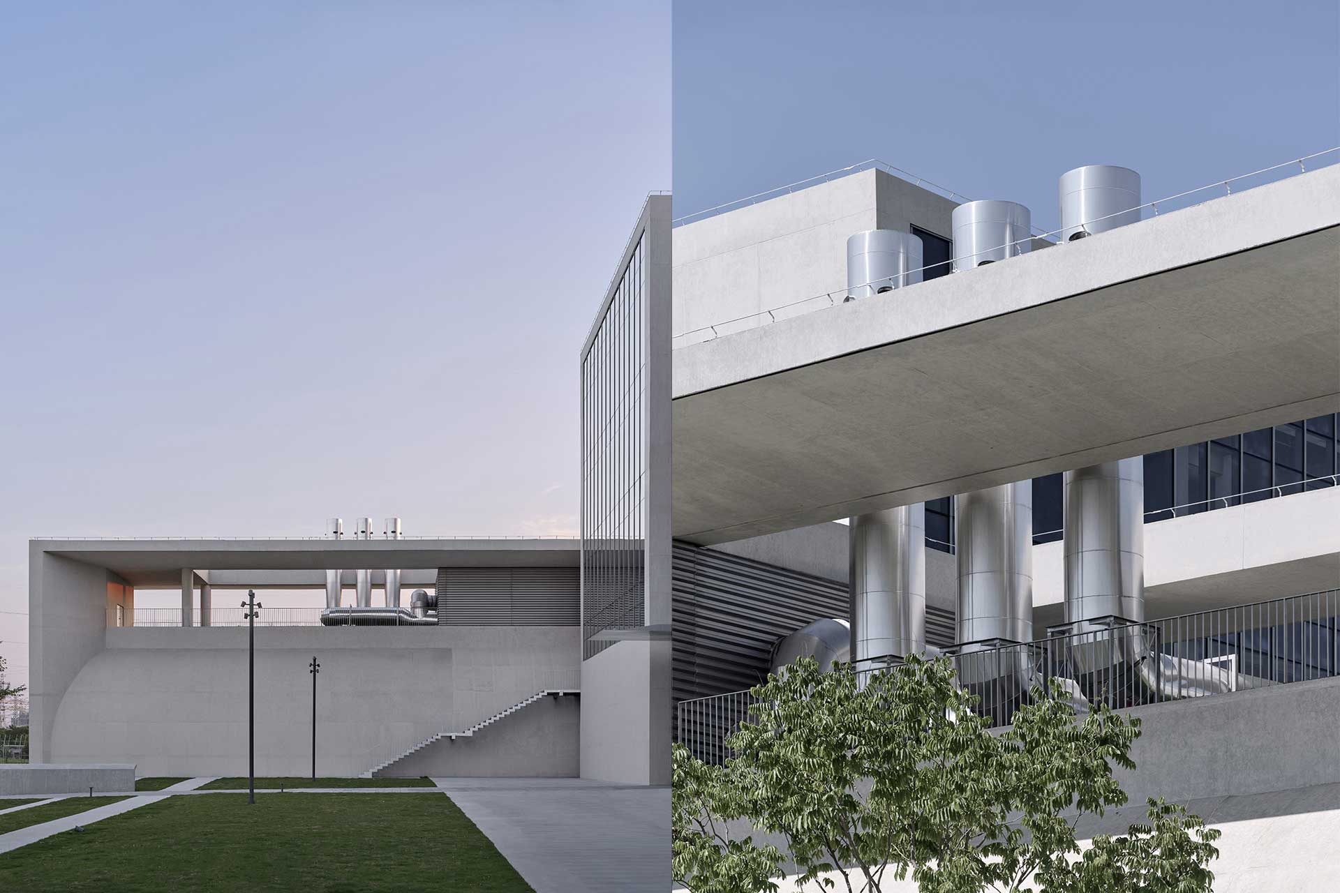 Vertikal geteiltes Bild. Links ist eine Betonfassade mit Treppe zu sehen, rechts eine Fassade mit drei Aluminium-Schornsteinen.