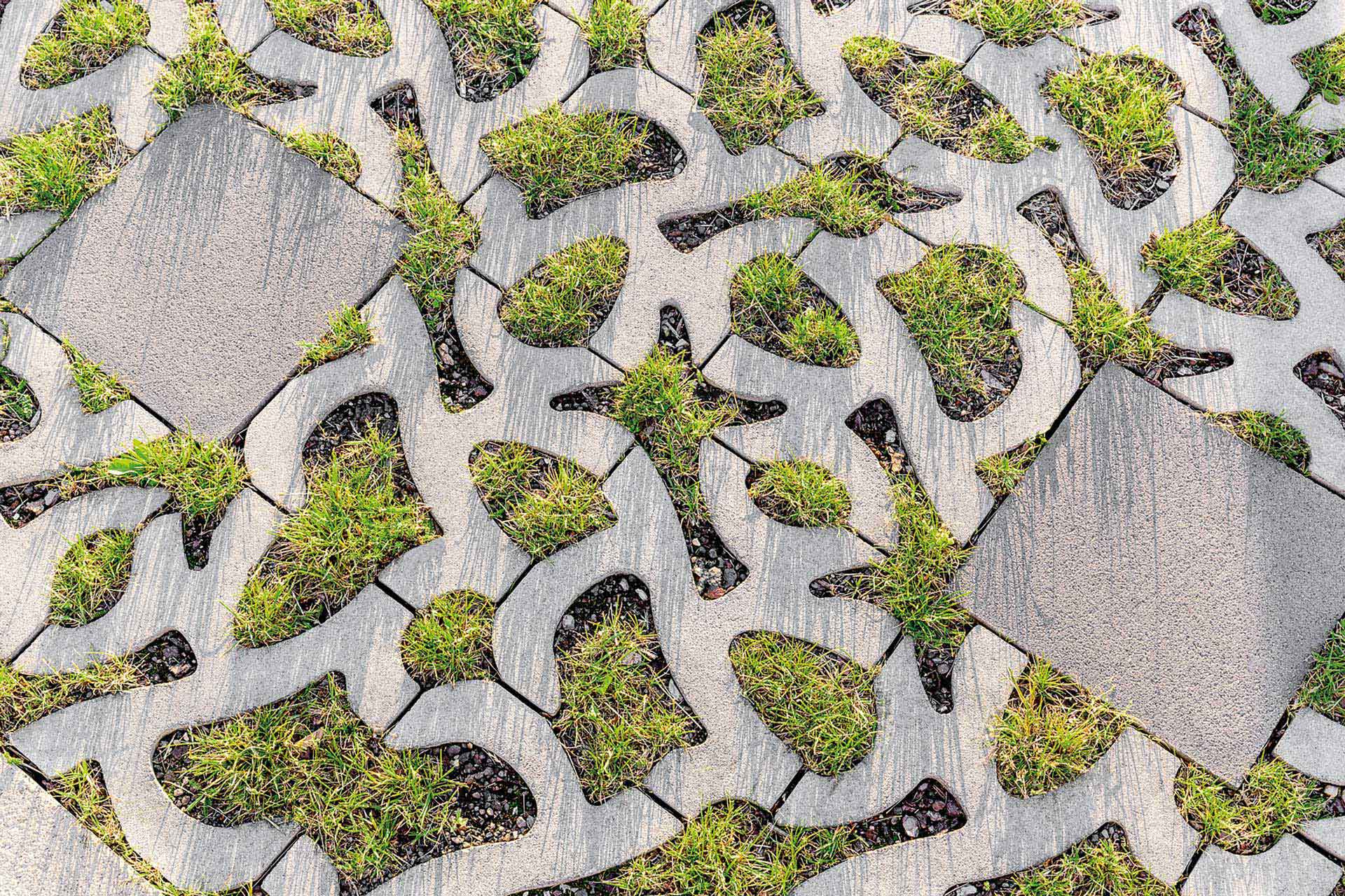 Pflastersteine mit großen Lücken, in denen Gras wächst.
