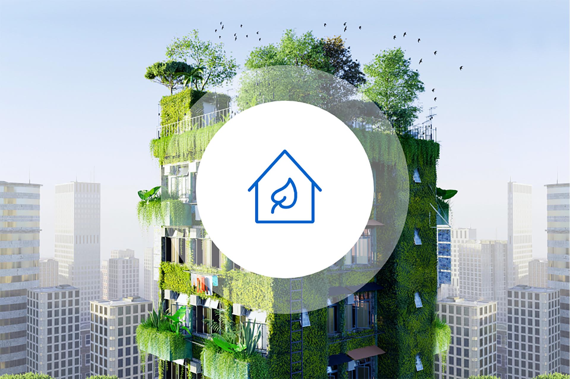 Animation: ein begrüntes Hochhaus auf das ein weißer Button mit einem Haus-Icon gesetzt wurde.
