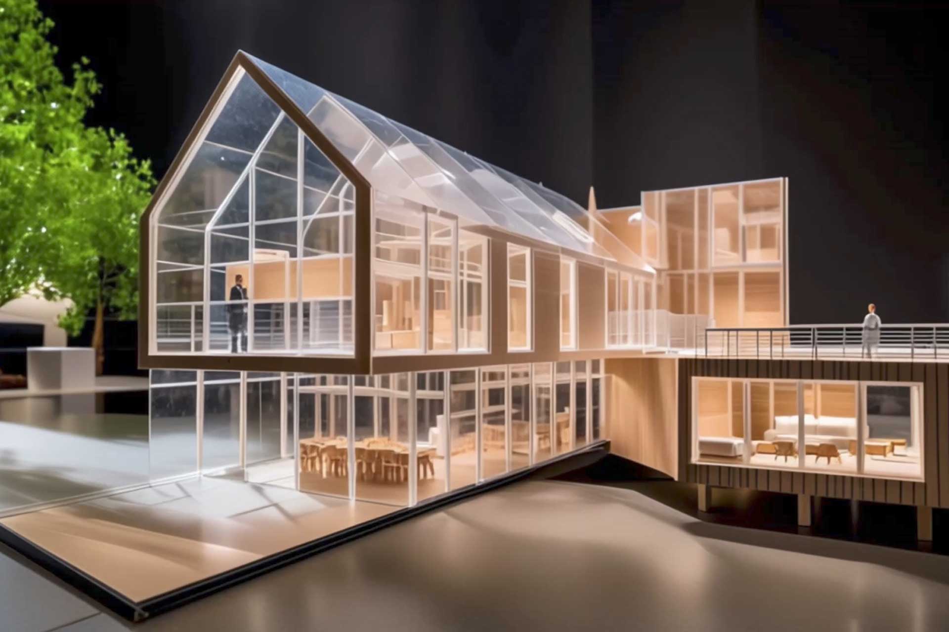 Visualisierung eines Einfamilienhauses mit durchsichtigen Wänden.
