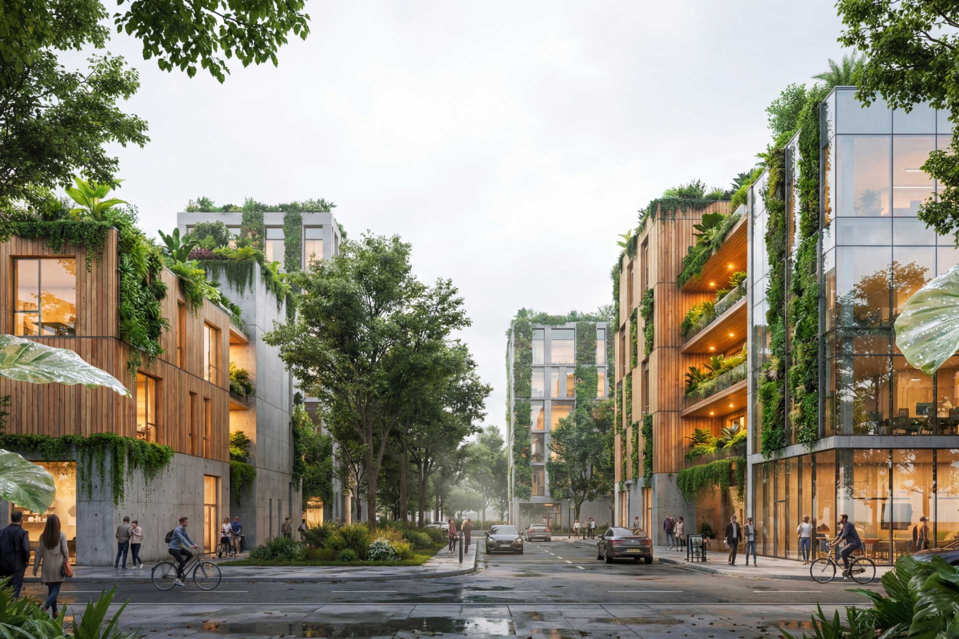 Rendering einer Straße mit begrünten Mehrfamilienhäusern.