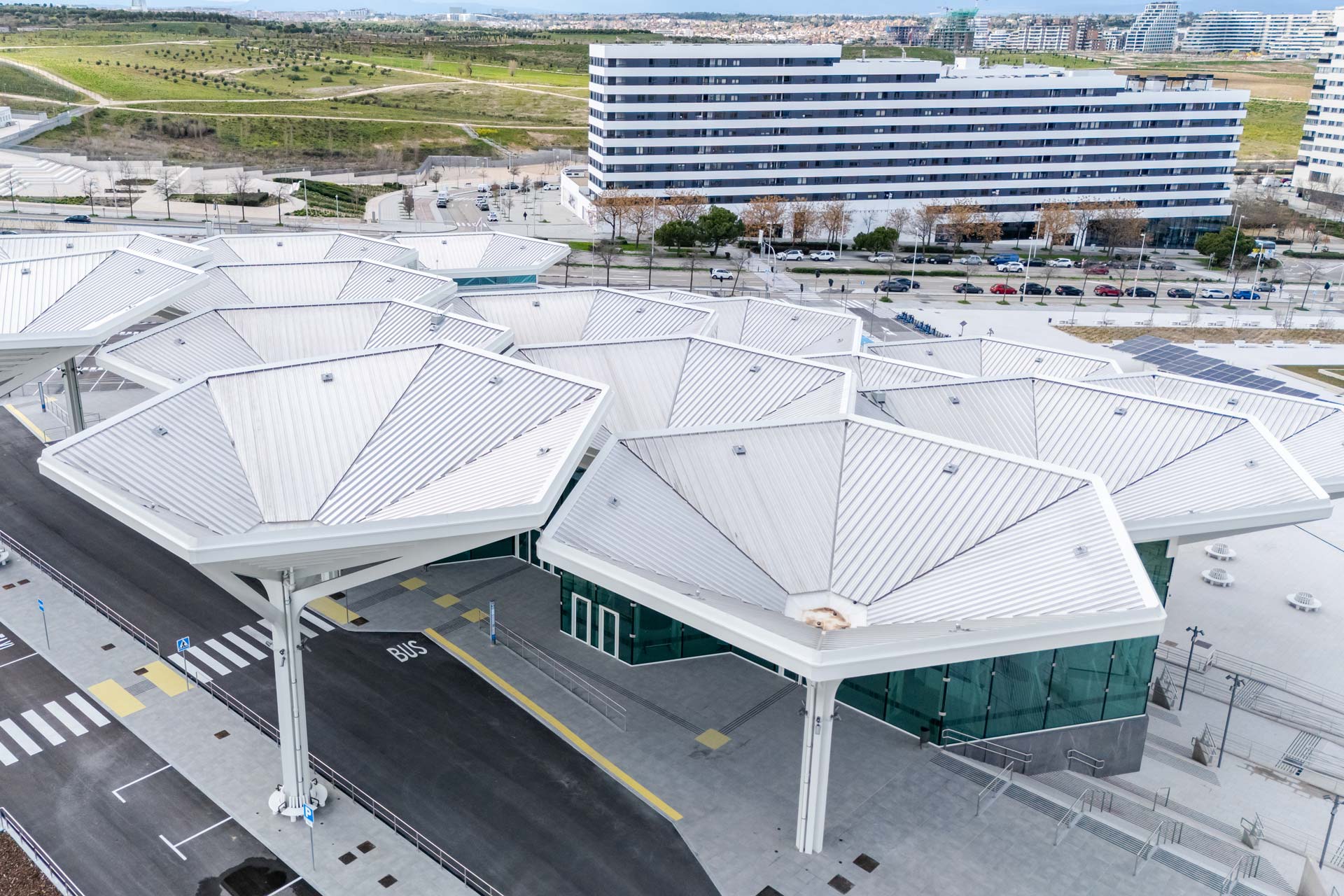 The roof landscape with grey hexagonal elements.