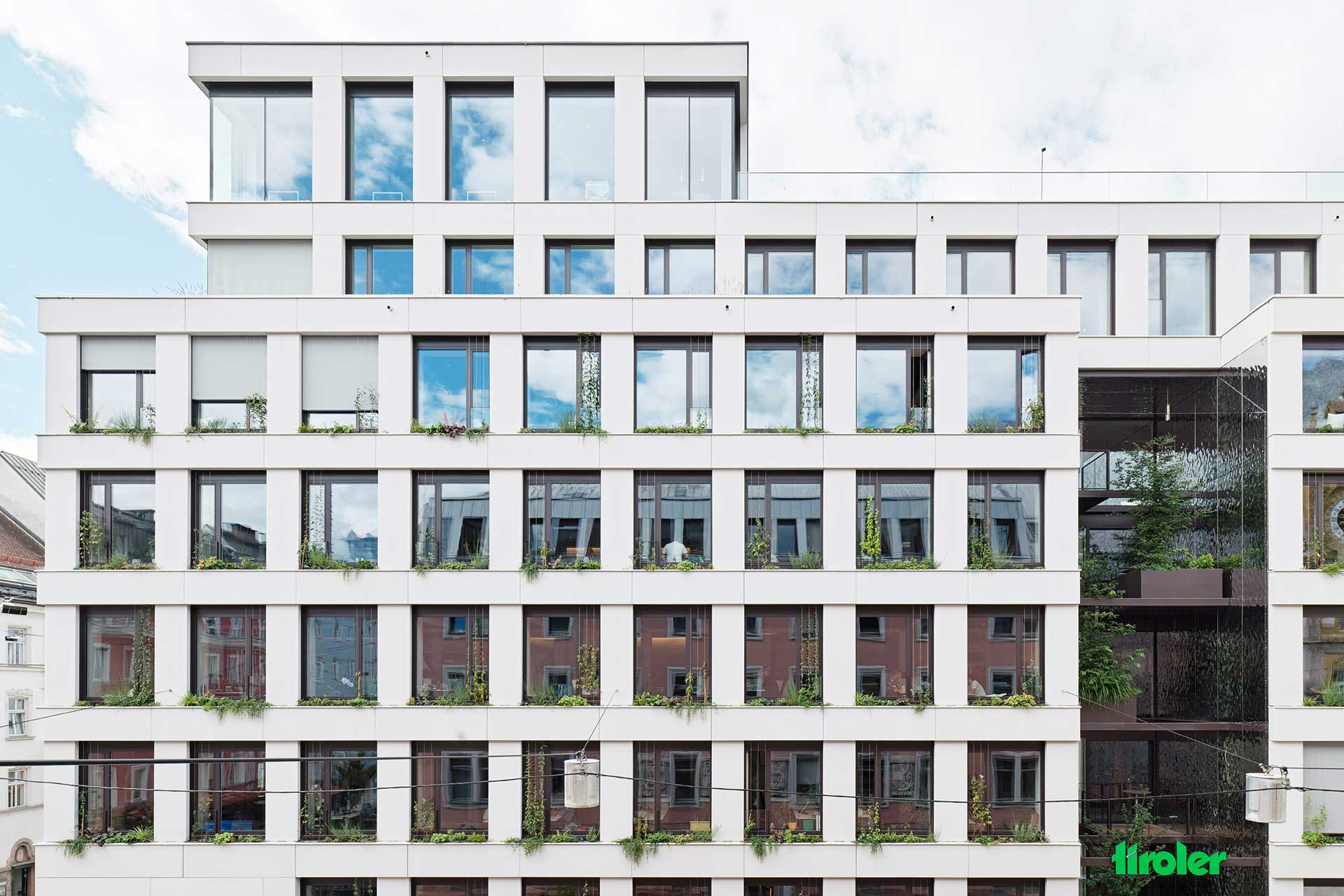 Fassade eines Bürogebäudes mit regelmäßig angeordneten Fenstern. und begrünten Fenstersimsen.