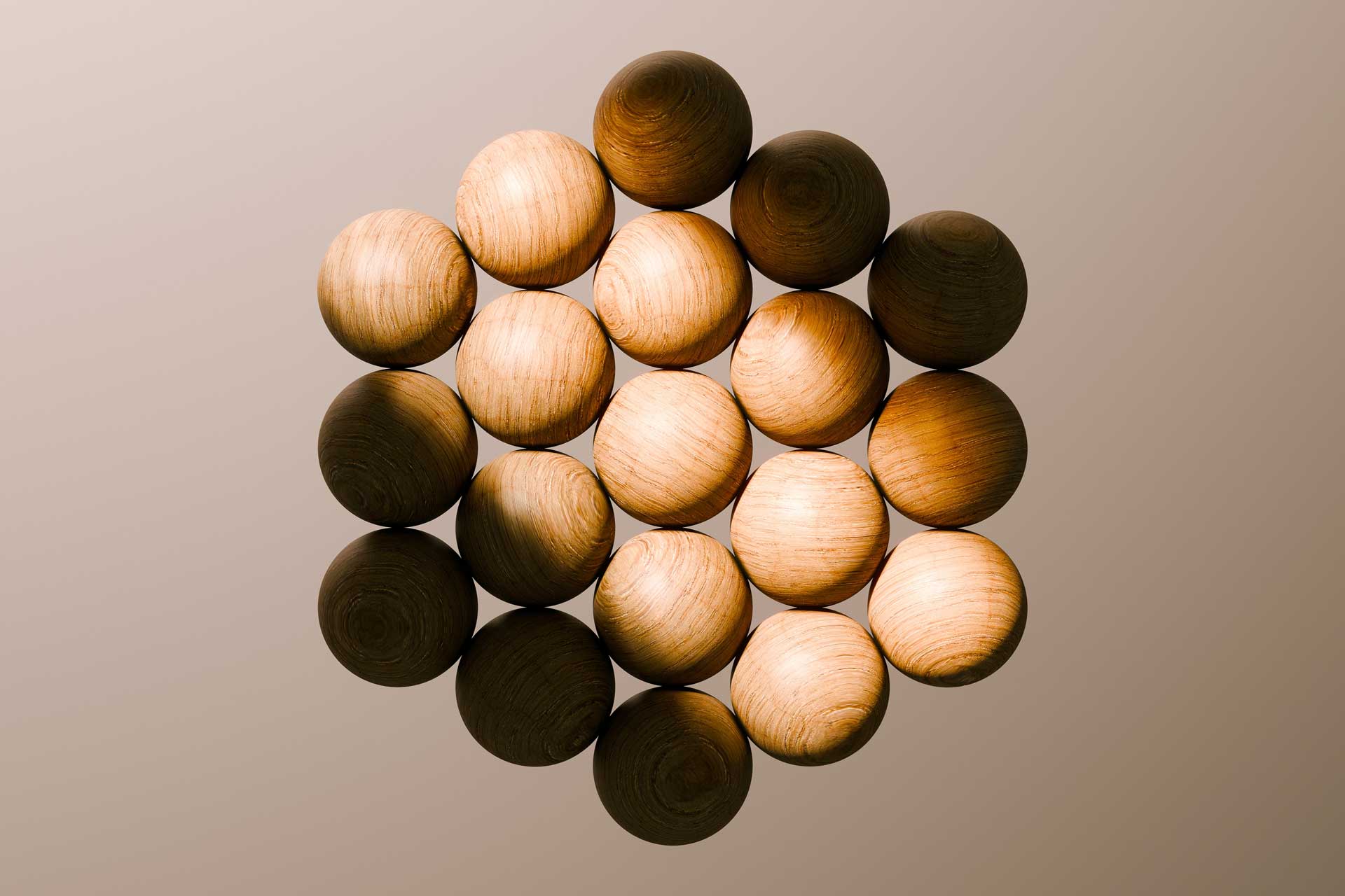 Braune Holzkugeln formieren sich zu einem Sechseck zusammen.