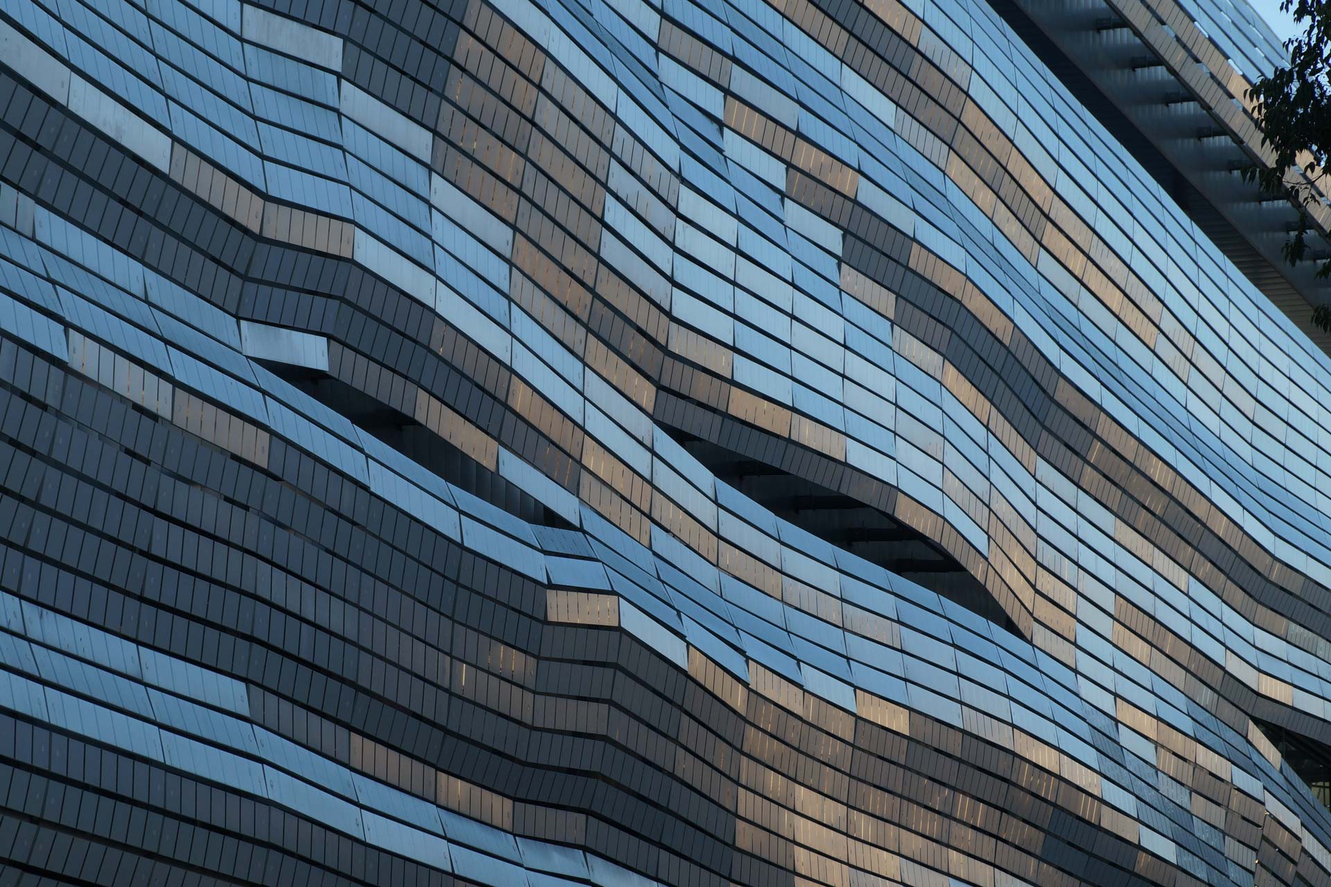 Geschwungene Fassade aus langen, schmalen Rechtecken.