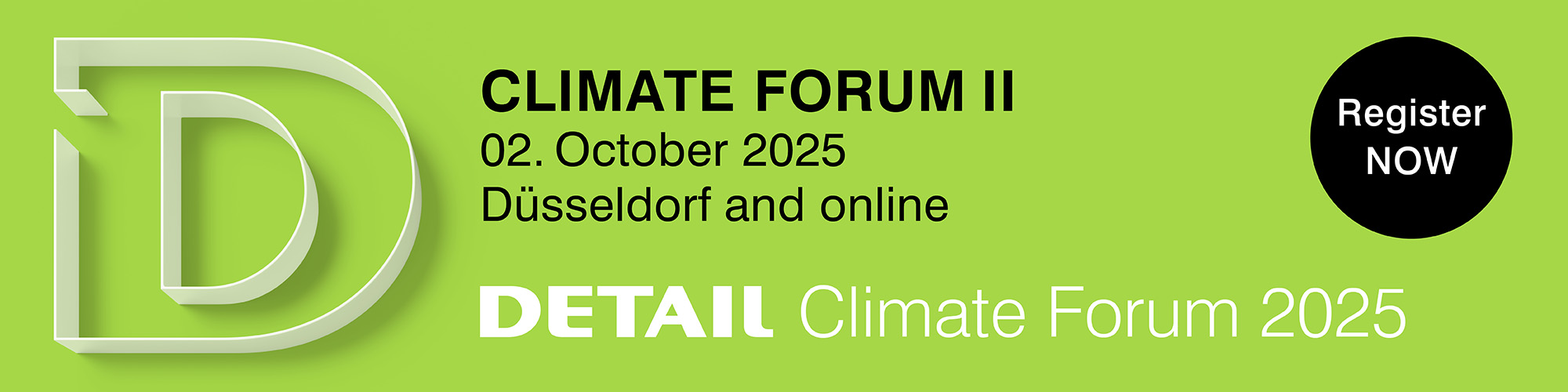 Banner with green background, which displays the information to the DETAIL Climate Forum at the second of October in Düsseldorf and online.