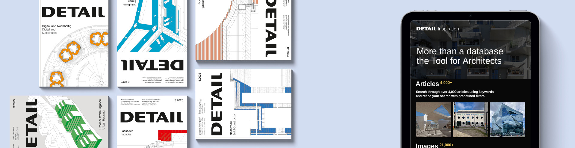 Covers of the magazine DETAIL and homepage of DETAIL Inspiration Text 20 percent discount on annual subscriptions Code: Architecture20