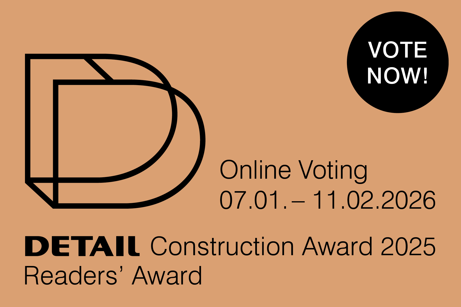 Banner with bronze background and information about the submission period of the DETAIL Construction Award 2025.