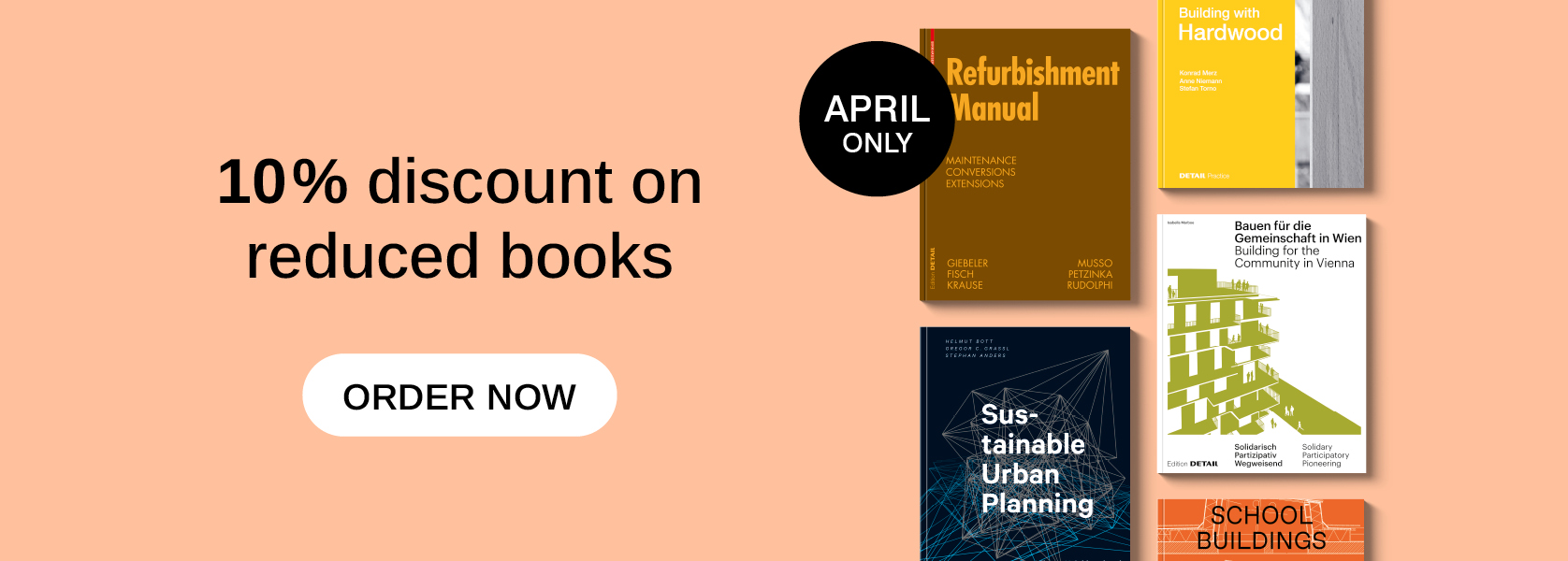 Text: 10% discount on reduced books order now April only. Book covers from Edition DETAIL