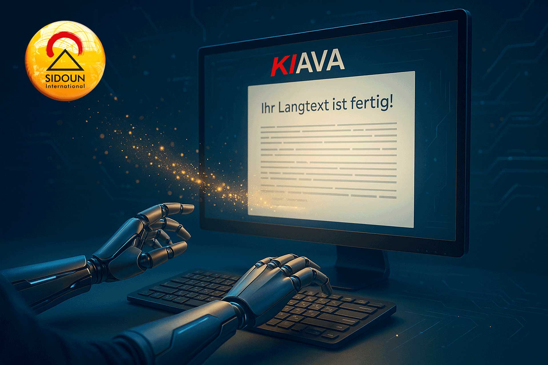 Zwei Roboterh&auml;nde schweben &uuml;ber einer Tastatur. Auf dem Bildschirm ist ein KI generierter Text zu sehen.