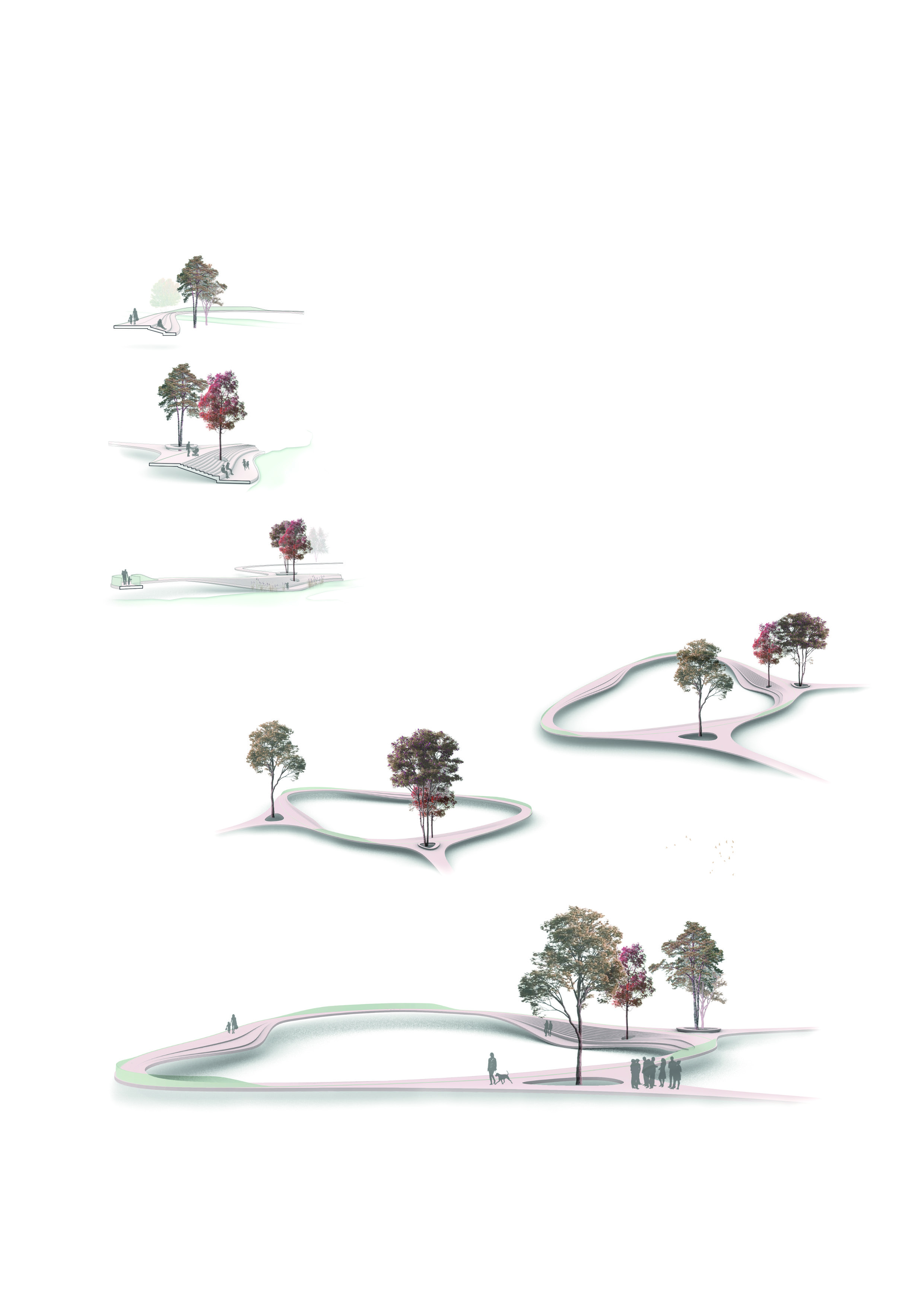 Verschiedene Skizzen zeigen Entwürfe und Gestaltungsideen für den Gehsteg.