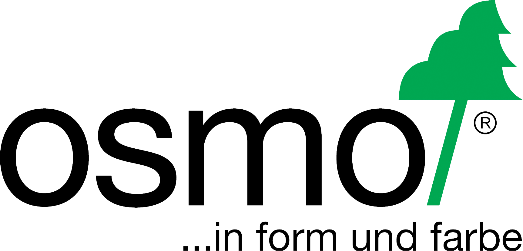 Osmo Unternehmenslogo. Schwarze Schrift mit einem grünen Baum.